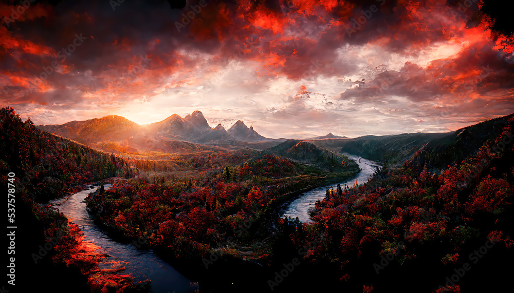 AI generated image of a river flowing through a thick forest with fall colors, dramatic sky and sunset 