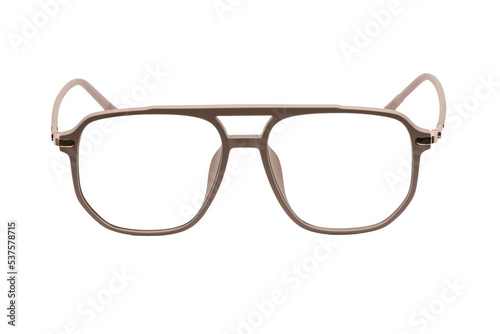Eyeglass frames and lenses in many colors, both metal and plastic. On a transparent, white background
