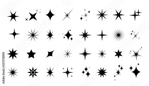 Set of sparkles star icons.Star icon.Bright firework.Light icon set.Flash shine sparkle icon glare blink star.Black star icons isolated on white background