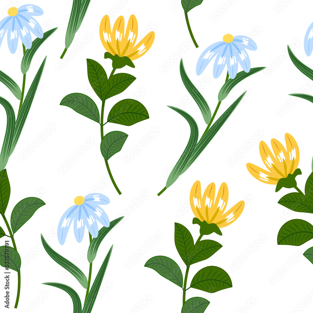 Fototapeta premium Seamless pattern with blue and yellow flowers. Floral decorative vector background, plants, botanical design for fashion, fabric, wallpaper