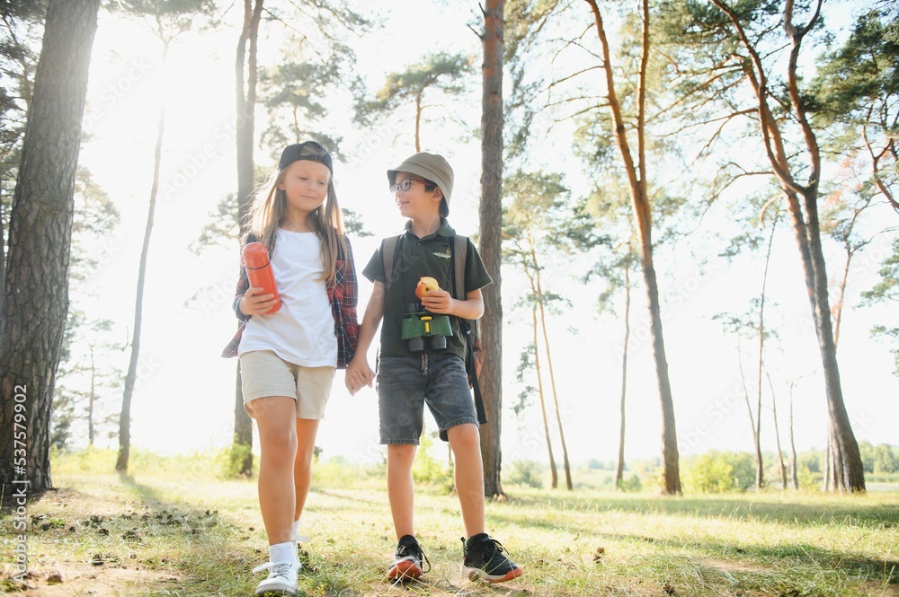 boy and girl go hiking with backpacks on forest road bright sunny day boy and girl go hiking with backpacks on forest road bright sunny day