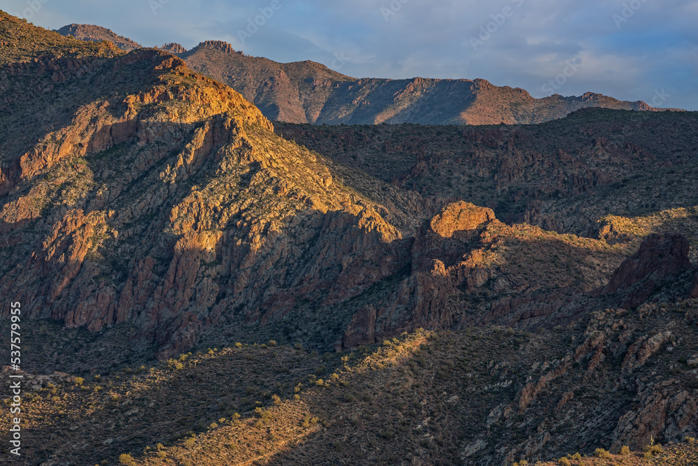 Spring landscape of the Superstition Wilderness Area at sunrise,  Apache Trail, Tonto National Forest, Arizona, USA