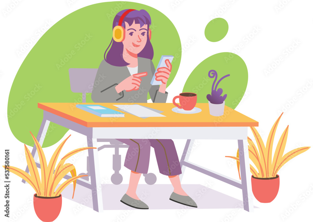 Young Girl Sitting on Desk Putting Ear phone Working with her Mobile Phone and Enjoying Cup of Coffee Modern Flat Illustration Concept Young Girl Sitting on Desk Putting Ear phone Working with her Mobile Phone and Enjoying Cup of Coffee Modern Flat Illustration Concept