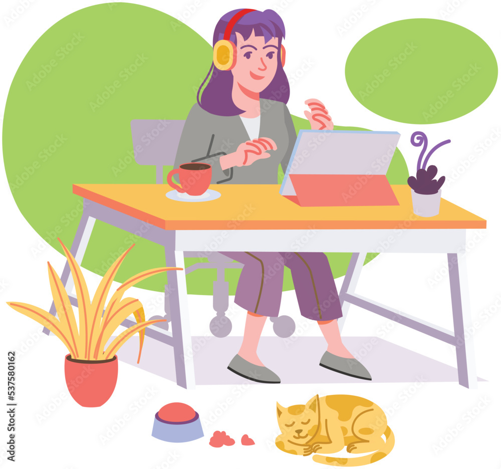 Young Girl Sitting on Desk Putting Ear phone Working with her Tablet and Enjoying Cup of Coffee Modern Flat Illustration Concept