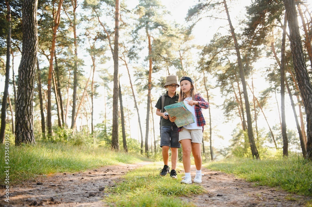 Happy excited school children with backpacks in casual clothes enjoying walk in forest on sunny autumn day, two active kids boy and girl running and playing together during camping trip in nature. Happy excited school children with backpacks in casual clothes enjoying walk in forest on sunny autumn day, two active kids boy and girl running and playing together during camping trip in nature.