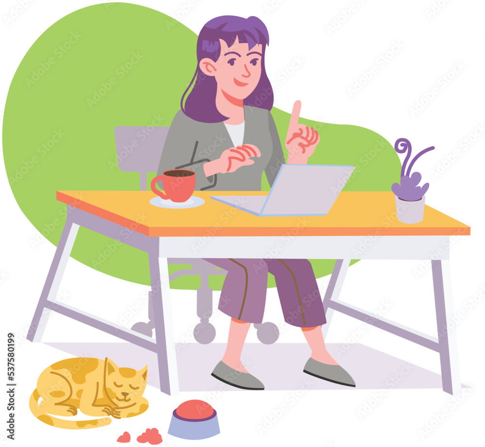 Young Girl Sitting on Desk Working with her Tablet and Enjoying Cup of Coffee Modern Flat Illustration Concept
