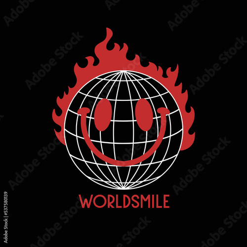 Streetwear Smile Globe Fire with Slogan World Smile for T shirt Design