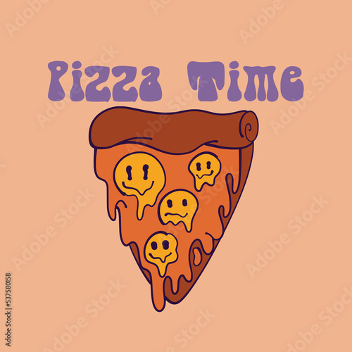 Streetwear Retro hand drawn Pizza and Smile Face with Slogan Pizza Time for T shirt Design