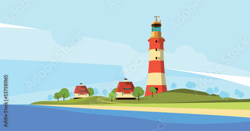 Marine coast landscape with lighthouse. Ocean shore background
