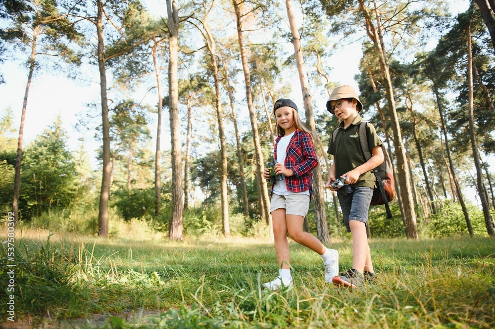 Happy excited school children with backpacks in casual clothes enjoying walk in forest on sunny autumn day, two active kids boy and girl running and playing together during camping trip in nature.