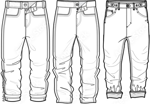 Drop Crotch Denim, Tapered Fit Jeans Sets Fashion Illustration, Vector, CAD, Technical Drawing, Flat Drawing, Template, Mockup.