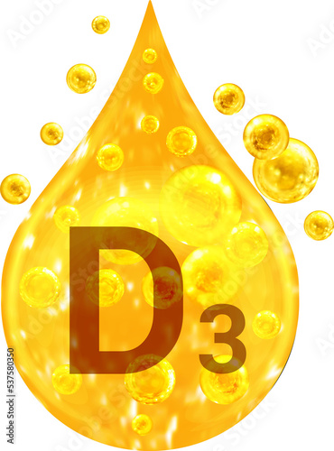 Drop with golden liquid and bubbles. Vitamin D3