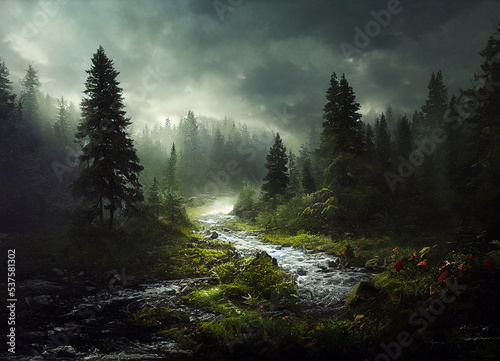 Misty forest in autumn, beautiful nature scenery, green trees and meandering rivers, The scene of beautiful forest in the fall, foggy magical natural environment.