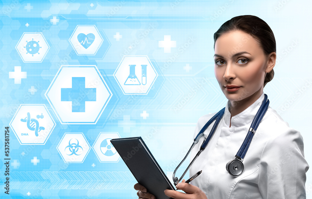 Woman doctor on blue and white futuristic background with medicine symbols Woman doctor on blue and white futuristic background with medicine symbols