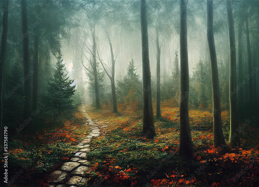 Naklejka premium Misty forest in autumn, beautiful nature scenery, green trees and meandering rivers, The scene of beautiful forest in the fall, foggy magical natural environment.