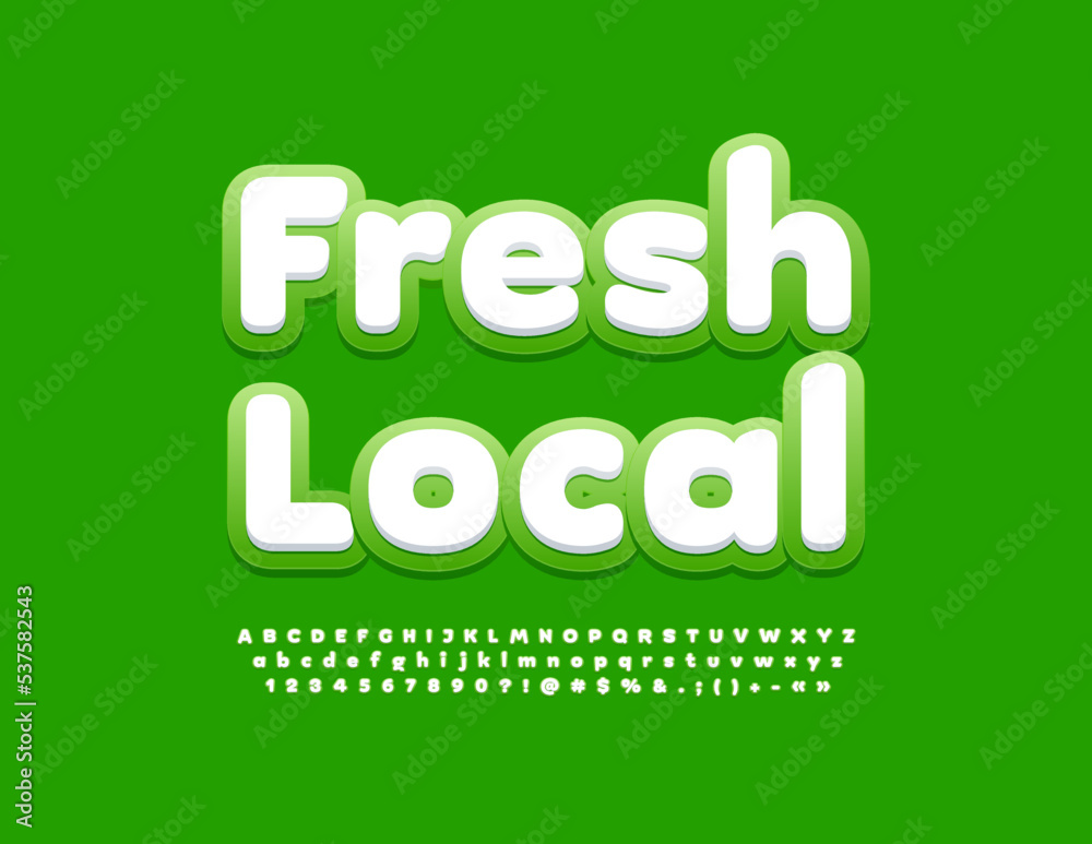 Vector eco banner Fresh Local. White and Green bright Font. Artistic Alphabet Letters and Numbers set Vector eco banner Fresh Local. White and Green bright Font. Artistic Alphabet Letters and Numbers set