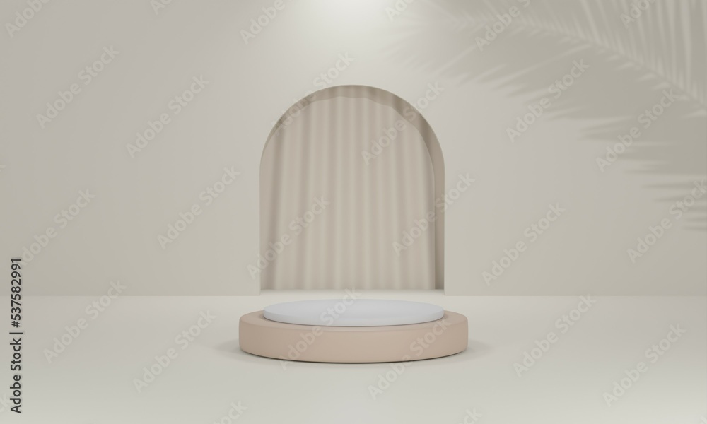 Abstract realistic 3D podium for product presentation in beige color with geometric shapes, cylinder, and curtain.3d rendering background with beige colored podium and palm leaf shadow. Abstract realistic 3D podium for product presentation in beige color with geometric shapes, cylinder, and curtain.3d rendering background with beige colored podium and palm leaf shadow.