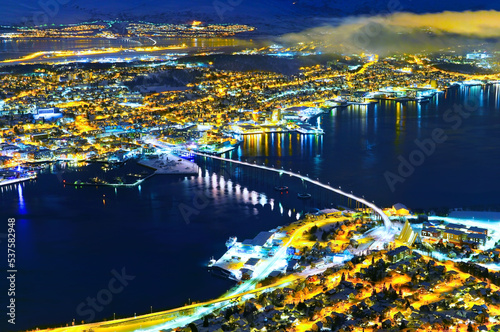 View of TView of Tromso  Norway at night in winter.romso  Norway at night in winter.