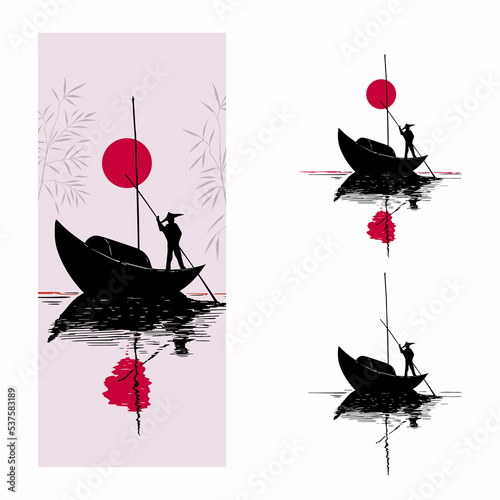 Landscape, sun, lake and boatman in traditional chinese style on vintage watercolor background. Vietnam, China