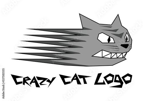 Angry crazy cat fun icon. Fast geometric hand drawn cat vector logo.