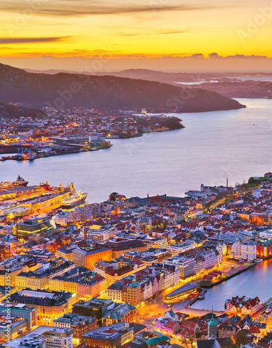 View of Bergen, Norway at sunset in winter. photo