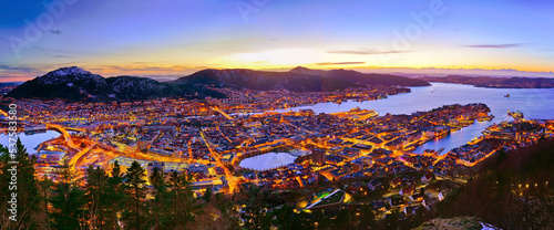 View of Bergen, Norway at dusk in winter.