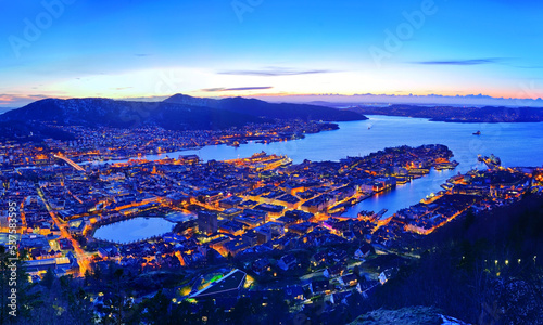 View of Bergen, Norway at dusk in winter.