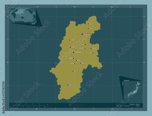 Nagano, Japan. Solid. Labelled points of cities photo