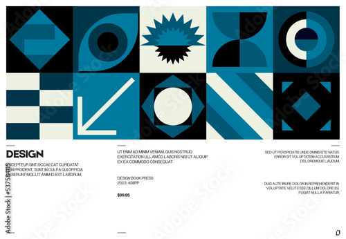 Swiss poster design template layout with clean typography and minimal vector pattern with colorful abstract geometric shapes. Bold form graphic design, useful for album print,website header,web banner