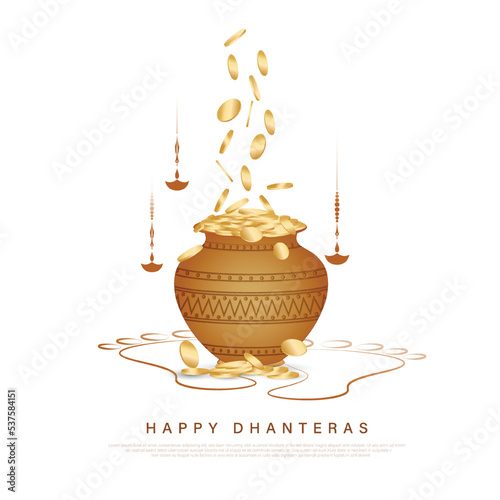 Happy Dhanteras Indian Dhanteras festival celebration before Diwali background. Happy Dhanteras. Kalash filled with golden coins, golden coins falling from above photo