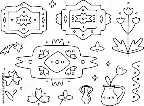 Linear folk art elements set. Pre-mad native aesthetic items collection. Hand drawn line art vector illustration