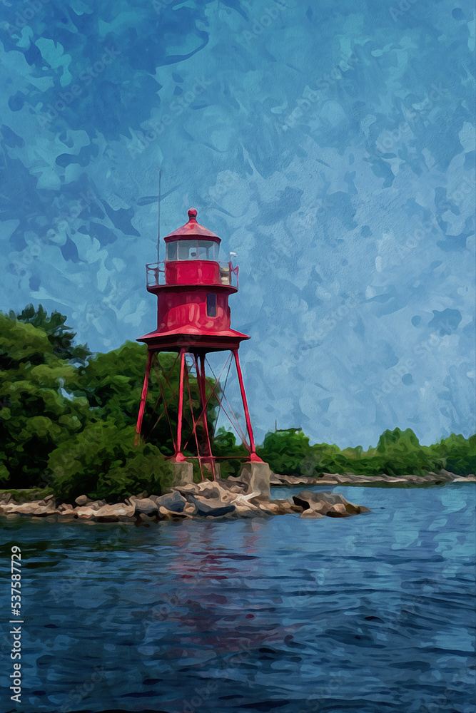 Digitally created watercolor painting of the Little Red light in Alpena Michigan helping ships to navigate waterway