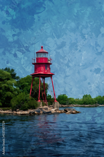 Digitally created watercolor painting of the Little Red light in Alpena Michigan helping ships to navigate waterway photo