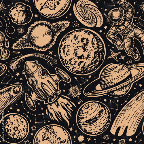 Space seamless pattern. Fantasy background with planets and stars. Futuristic creative design vector illustration
