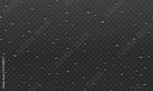 Realistic water droplets transparent pattern on dark background. Raindrops on glass. Shower or rain on window. Drops texture. Condensed wet on surface. Vector illustration