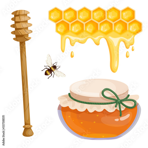 A jar of honey, a wooden spindle spoon, a honeycomb with honey bees. Cartoon vector graphics.