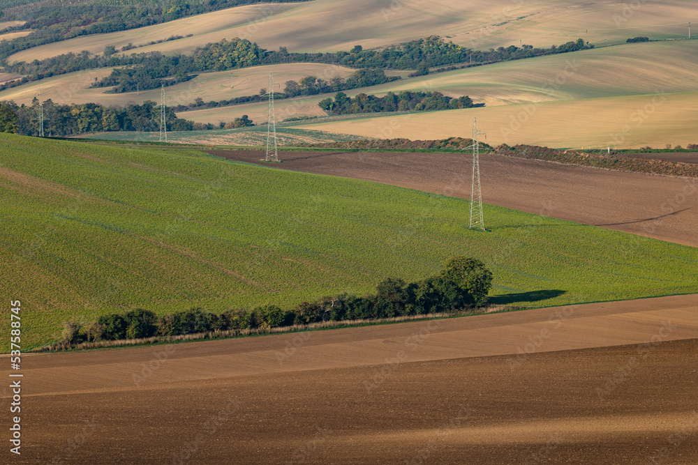 Cultivated fields in Czech Moravia, patterns and lines on the ground. Czech Tuscany