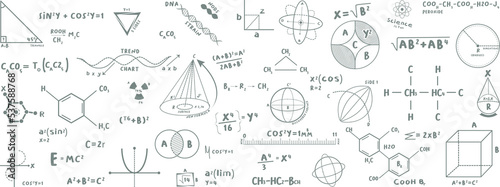 Transparent math equations, chemistry and quantum physics research with geometrical figures on a blackboard at school