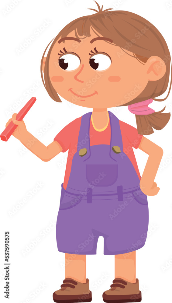 Funny girl with red crayon. Creative kid character Funny girl with red crayon. Creative kid character
