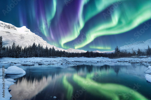 aurora borealis over lake snowy mountains photo