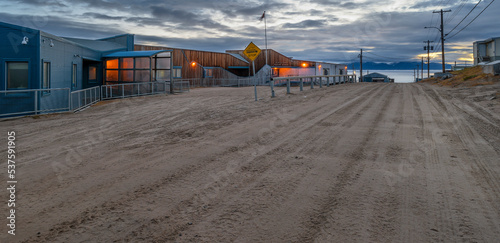 Tableau sur toile Public elementary school in Pond Inlet as seen at dawn
