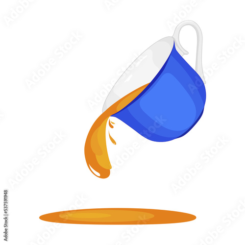 A blue cup with a drop of tea or coffee in the speaker. Tea and cups are pouring. realistic vector illustration isolated on a white background.