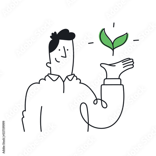 Businessman holding a plant. Concept of ecology, nature protection, green energy, eco activism. Outline, linear, thin line, doodle art. Simple style with editable stroke.