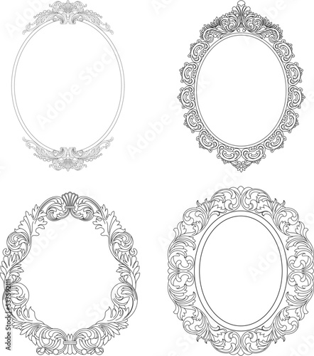 Set of vintage oval graphical frames in antique style. Vector.	

