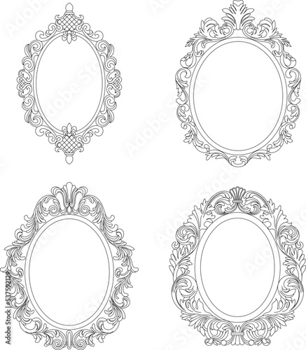 Set of vintage oval graphical framed in antique style. Vector.	
