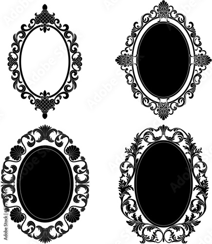 Set of vintage oval graphical framed in antique style. Vector.	
