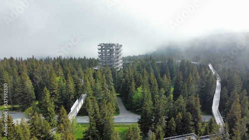 Aerial of treetop walk Pohorje surrounded by a dense forest captured in a foggy weather photo