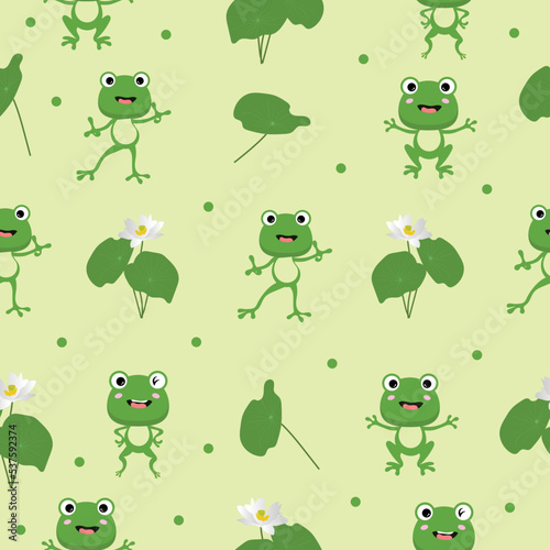 Funny green flat frogs with lilies seamless pattern background. Cute frogs different poses