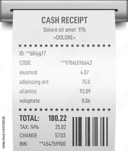 Cash receipt mockup. Realistic paper check bill