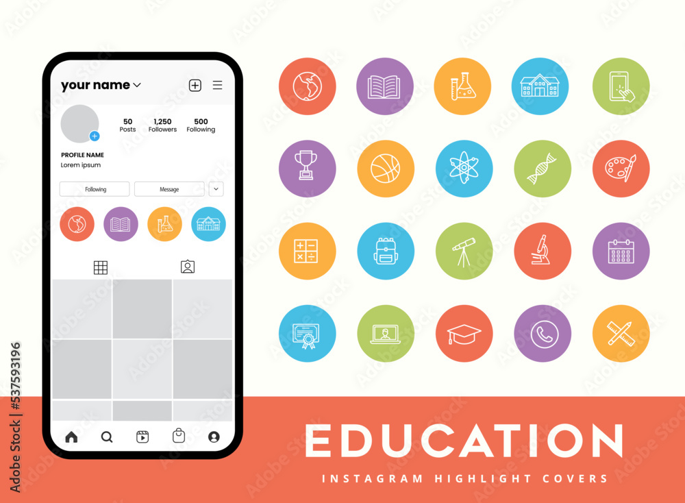 Set of school kid education and e-learning icons for instagram story highlight covers Set of school kid education and e-learning icons for instagram story highlight covers